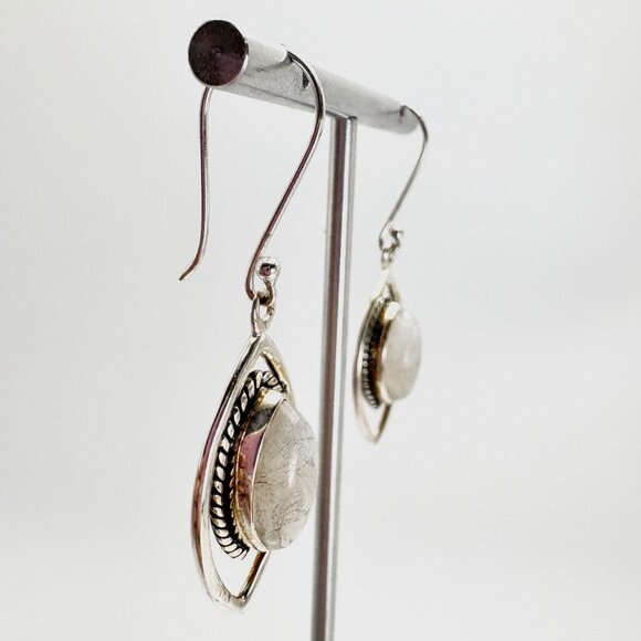 VTG Solid Sterling Silver 925 White Quartz Dangle Earrings Size 2" Length - Picture 3 of 10